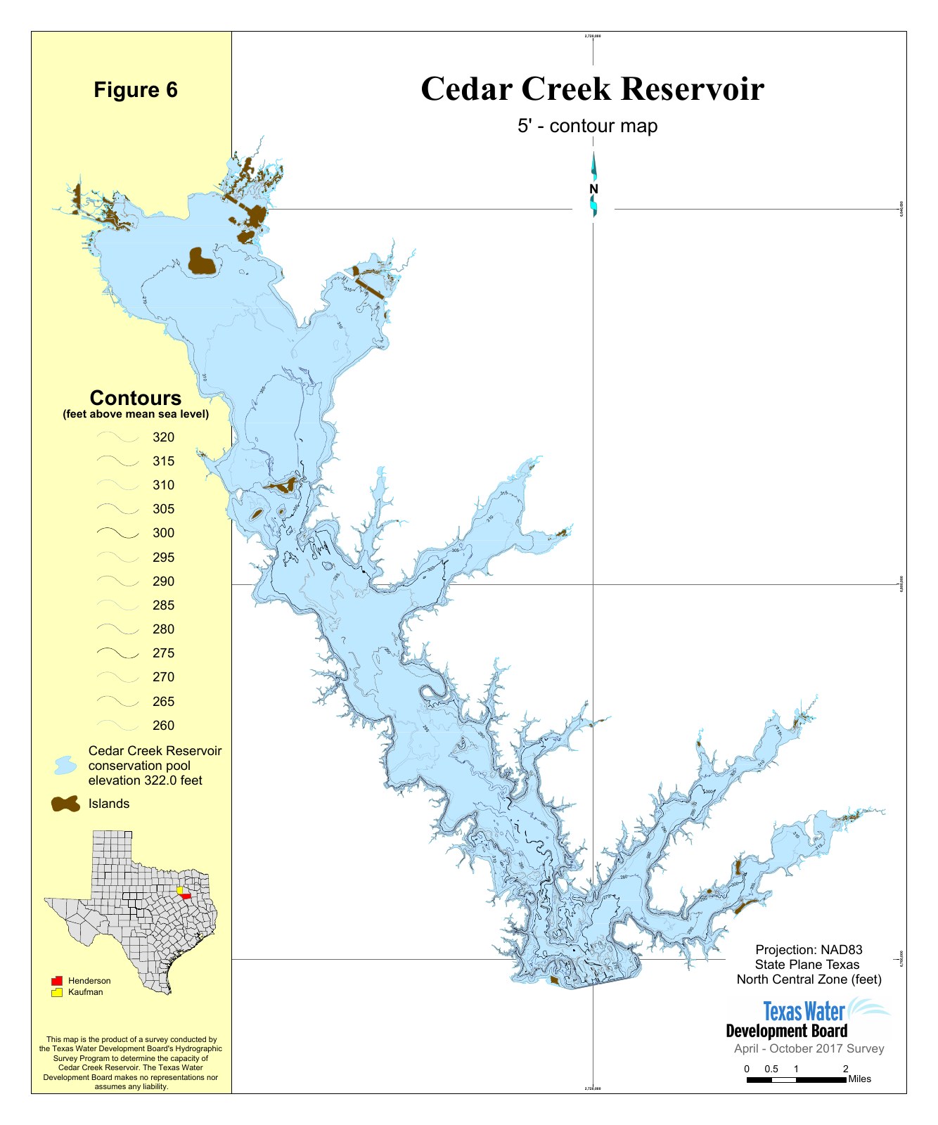 Texas Water Development Board map of Cedar Creek Reservoir showing lake-bottom elevation contours at 5-foot intervals, from its April–October 2017 survey.